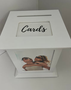 Card Box for wedding showing the white and black cards print on the card box top.