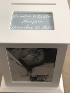 Personalized Wedding Card Box customized with first names, last name and wedding date.  Print on to shown in dusty blue with wedding couples information.  Card Box also shows photo on display in the box.