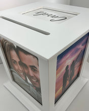 Load image into Gallery viewer, Wedding photos for wedding reception displayed in white rotating wedding card box.  Used for wedding receptions