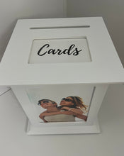 Load image into Gallery viewer, Card Box for wedding showing the white and black cards print on the card box top.
