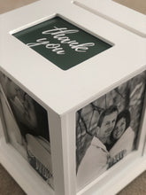 Load image into Gallery viewer, Card Box for weddings shown in white with a green and white Thank You print on top.  White Card Box also shows 2 photos on display in the box.