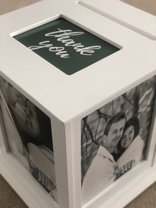 Card Box for weddings shown in white with a green and white Thank You print on top.  White Card Box also shows 2 photos on display in the box.