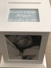 Load image into Gallery viewer, Personalized Wedding Card Box customized with first names, last name and wedding date.  Print on to shown in dusty blue with wedding couples information.  Card Box also shows photo on display in the box.