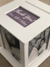 Load image into Gallery viewer, Wedding envelope box shown in white with a personalized print on top.