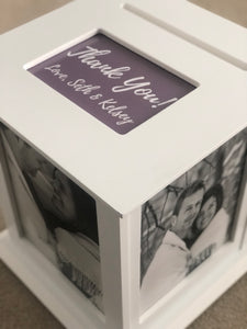 Wedding envelope box shown in white with a personalized print on top.